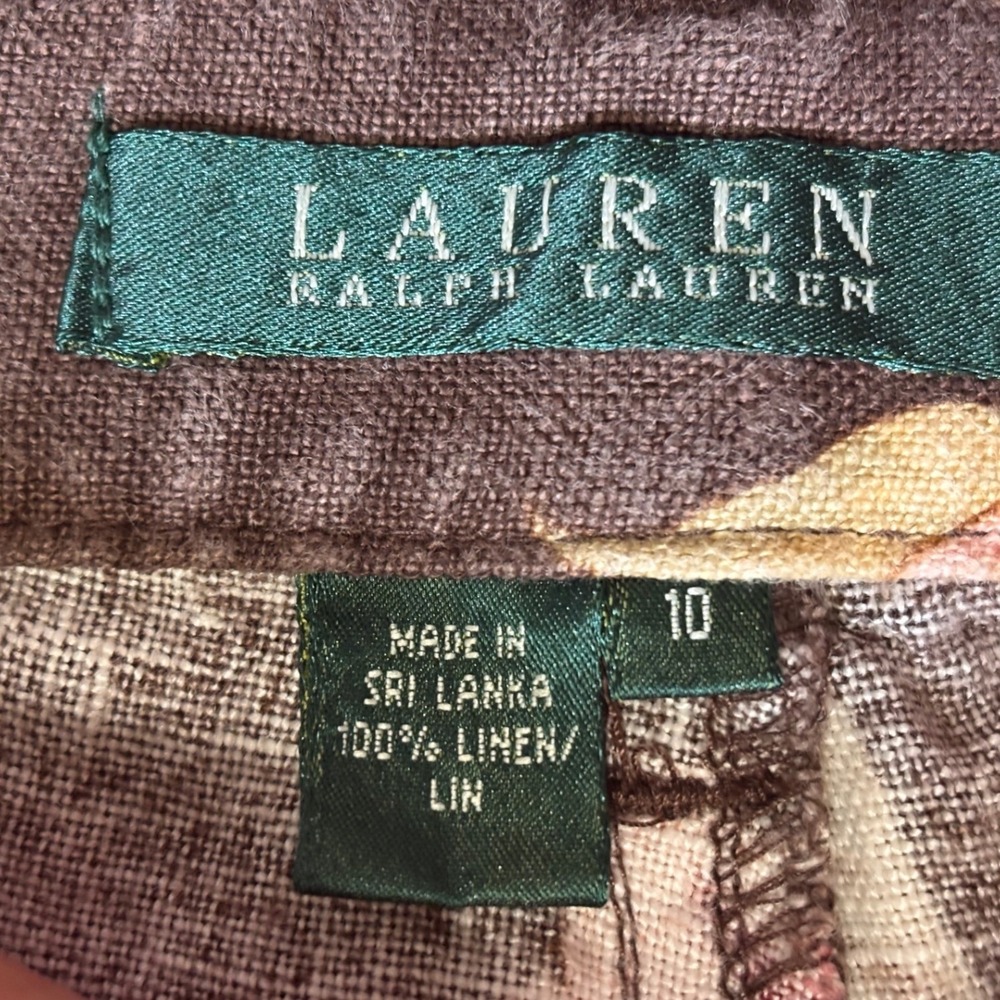 Lauren Ralph Lauren Linen Pants Womens 10 Brown Pink Floral High Rise Straight - Picture 10 of 13
